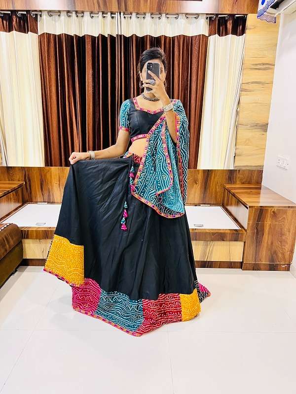 Navratri special 2023 Cotton silk Black color Bandhani Printed Mirror work Border lehenga choli collection